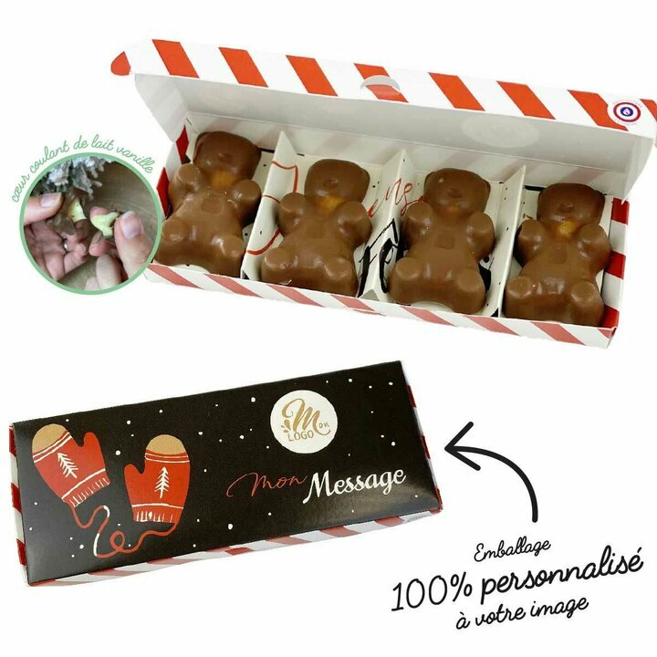 Coffret de 4 oursons en chocolat  personnaliser avec logo et message d'entreprise