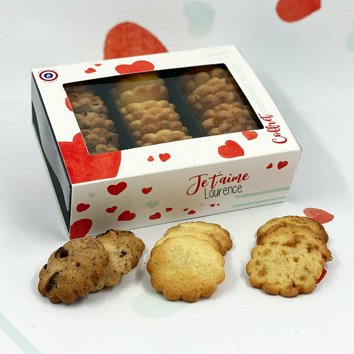 Coffret assortiment de Biscuits Natures Caramel Chocolat personnalisé pour  la Saint Valentin