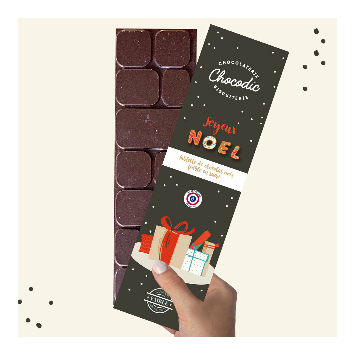 Tablette de Chocolat Artisanale de Noël Faible en Sucre saveur
