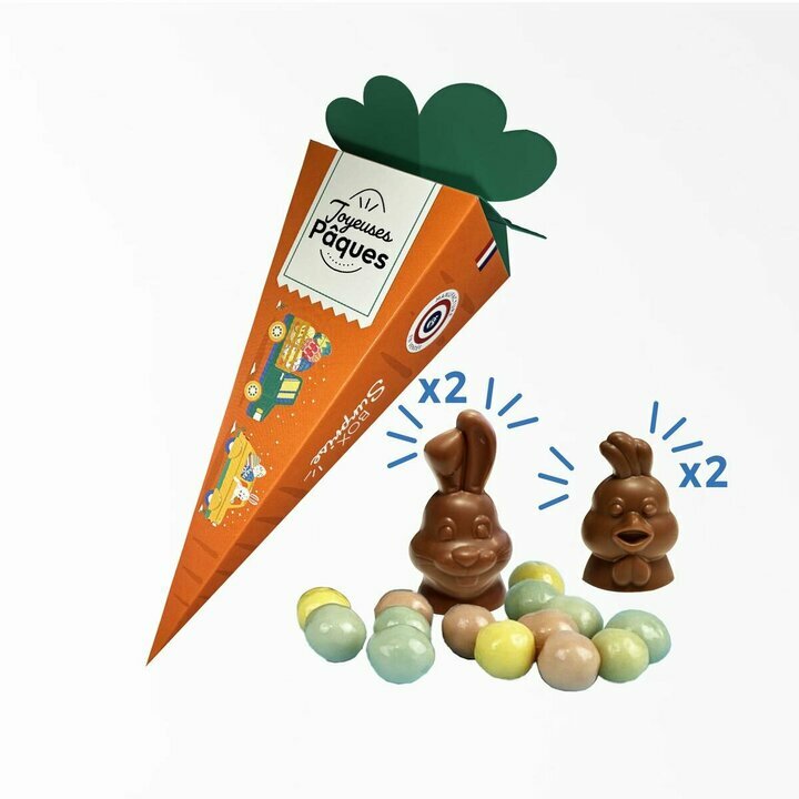 Box enfant avec sucette lapin en chocolat blanc, croustybille et poussin en chocolat lait pour Pques