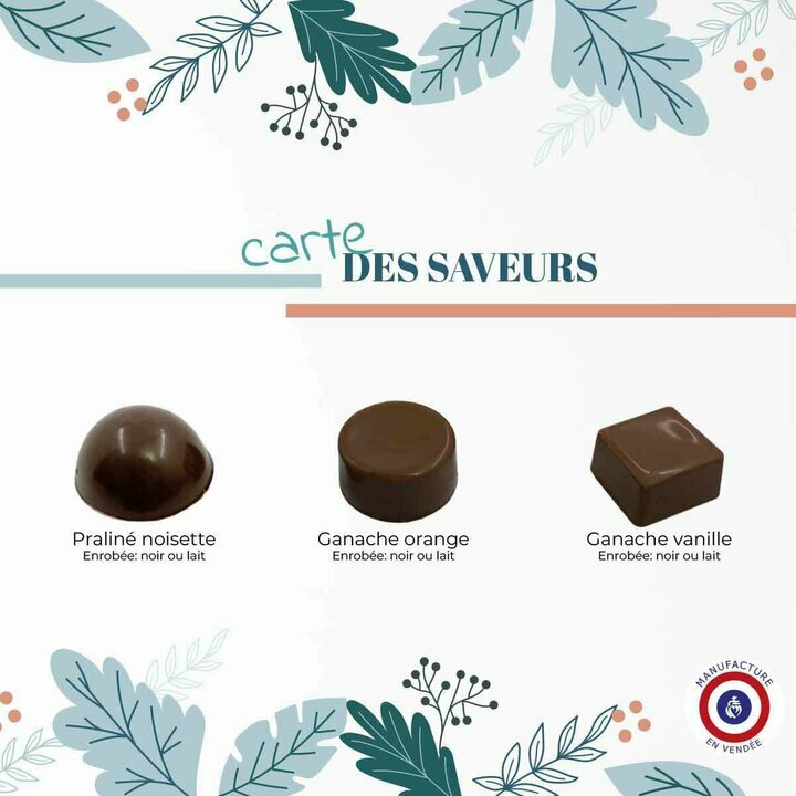 Composition du coffret de chocolats fins faibles en sucre pour Pques