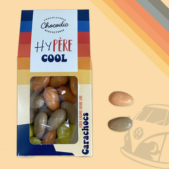 Bote de drages caramel carachocs personnalise "Hypre Cool" pour la fte des pres