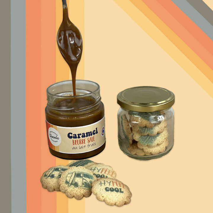 Coffret pot de caramel à tartiner et biscuits personnalisés pour la fête des pères