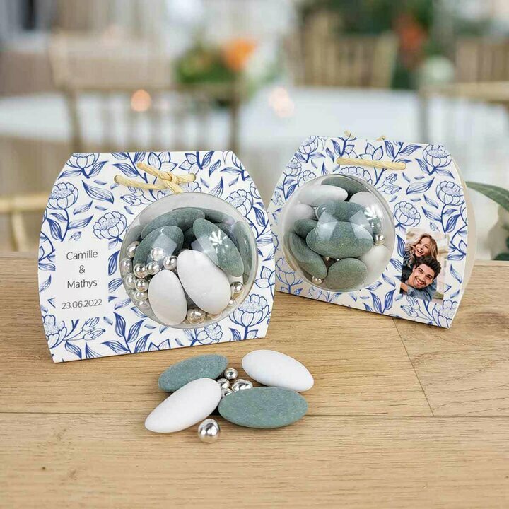 Ballotin boule personnalisable texte et image sur le thme "Fleur Bleue"