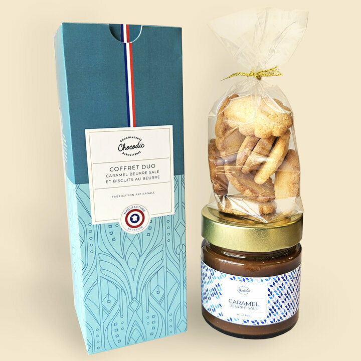 Coffret duo avec un pot de caramel et un pot de biscuits personnaliss avec votre message