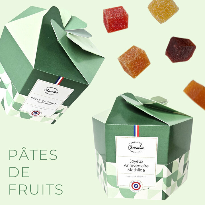 Coffret de p�tes de fruits emball�es individuellement personnalis� avec votre message
