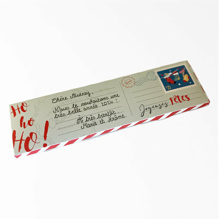 Tablette de chocolat carte de voeux avec un espace pour inscrire votre message à l'écrit