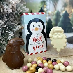 Box de Noël pour les enfants avec un pingouin en chocolat lait, une sucette Père-Noël en chocolat blanc et des croustybilles