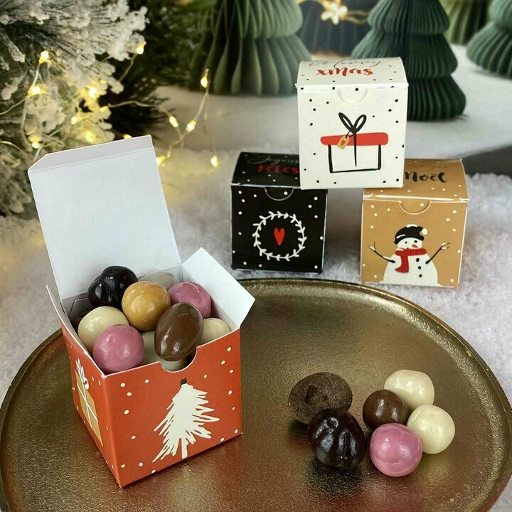 Cubes de Noël composé de noisettes, amandes et cacahuètes enrobés de chocolat