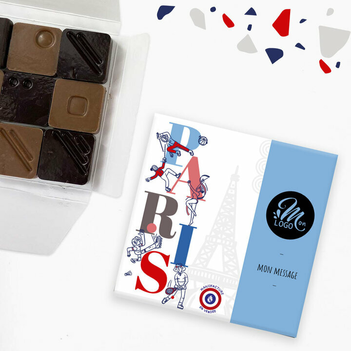 Carré 9 chocolats avec choix du design, du message et ajout de votre logo d'entreprise
