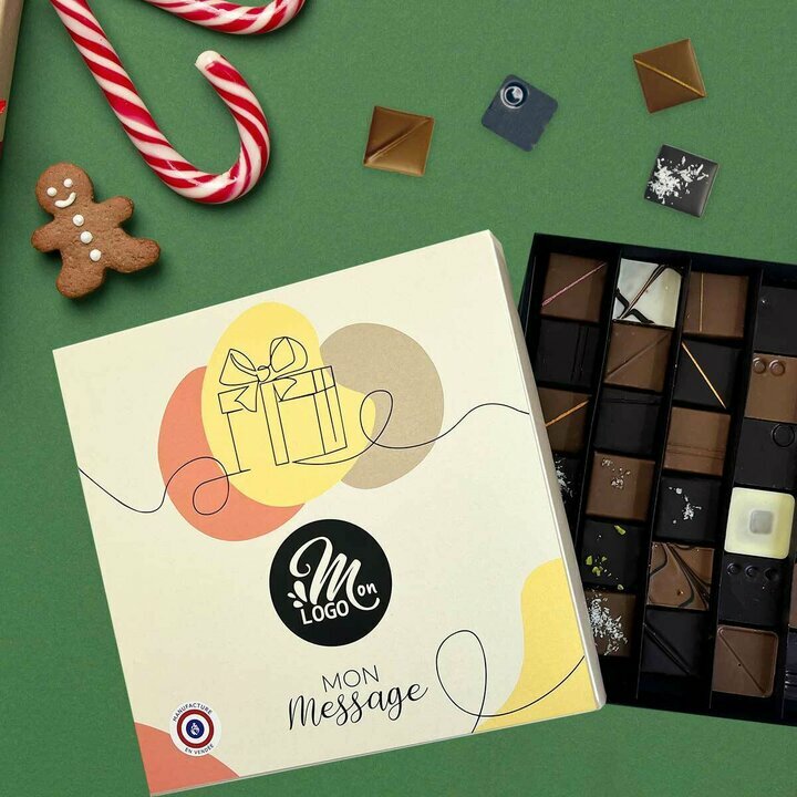 Coffret luxe de 36 chocolats fins pour les entreprises sur le thme Casse Noisette