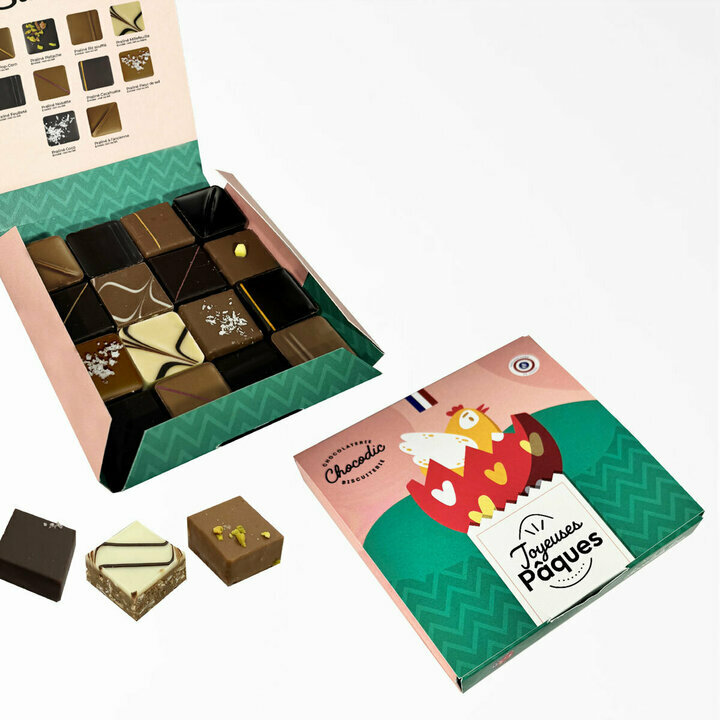 Coffret de 16 chocolats fins de Pques avec un assortiment de saveurs