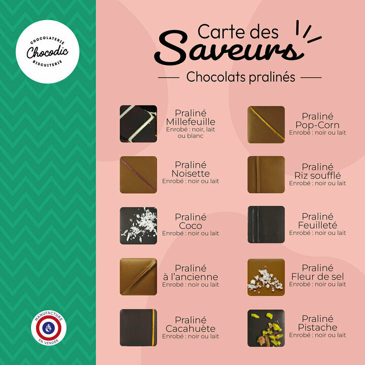 Carte des saveurs du coffret 16 chocolats de Pques