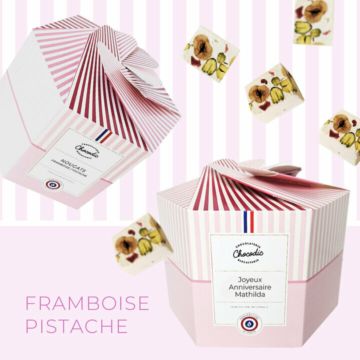 Coffret de Nougats Framboise / Pistache personnalis avec votre message