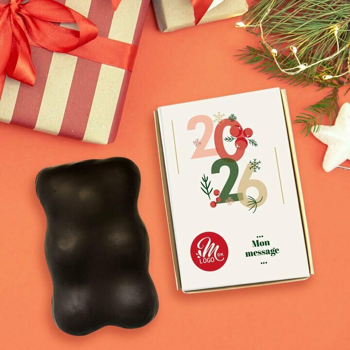 Coffret Ourson guimauve enrob de chocolat Noir thme typo festive