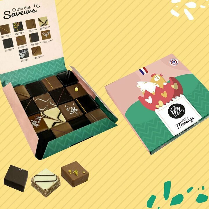 Coffret de 16 chocolats fins pralins modle Oeuf Poule ouvert