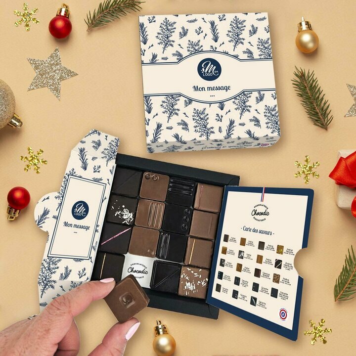 Coffret luxe 16 chocolats fins - Collection Nol Entreprise thme Feuillage Bleu