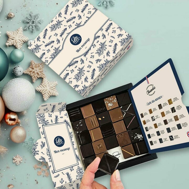 Coffret luxe 25 chocolats fins - Collection Nol Entreprise thme feuillage Bleu