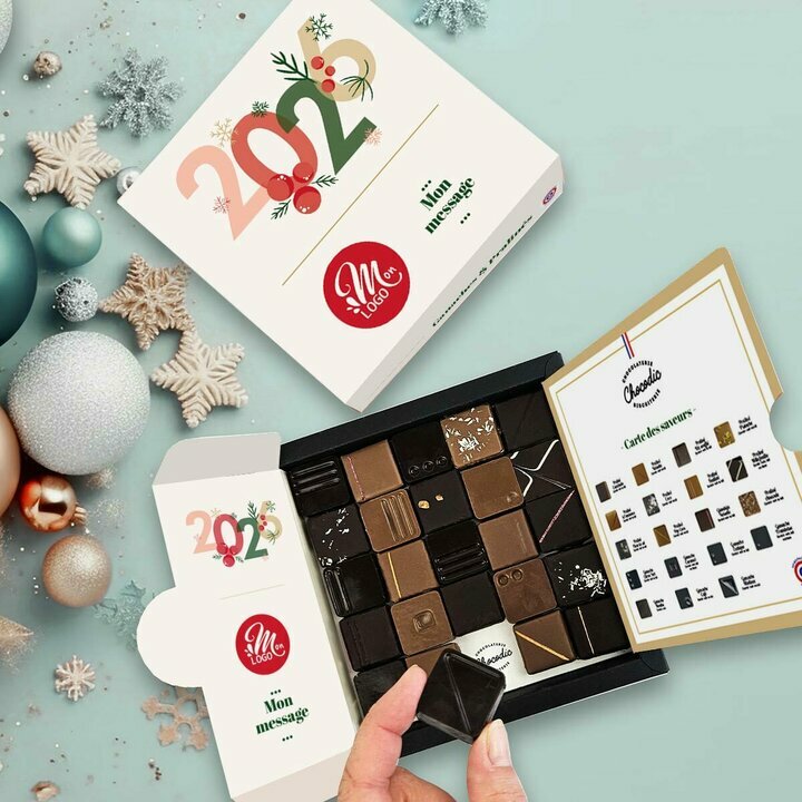Coffret luxe 25 chocolats fins - Collection Nol Entreprise thme Typo festive