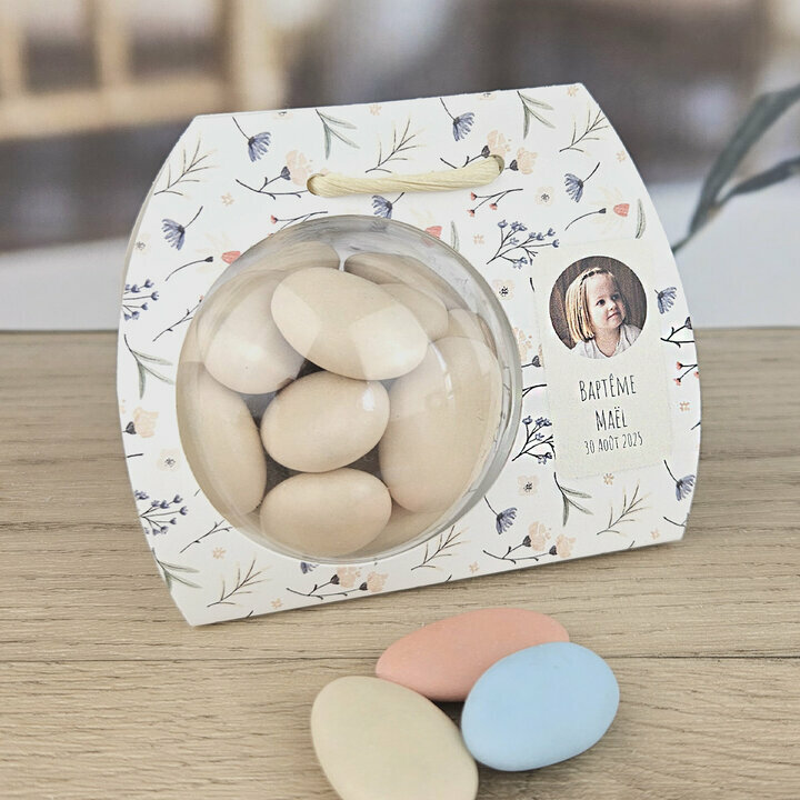 Boite  drages Ballotin boule ''Fleurette'' personnalise Texte et Photo