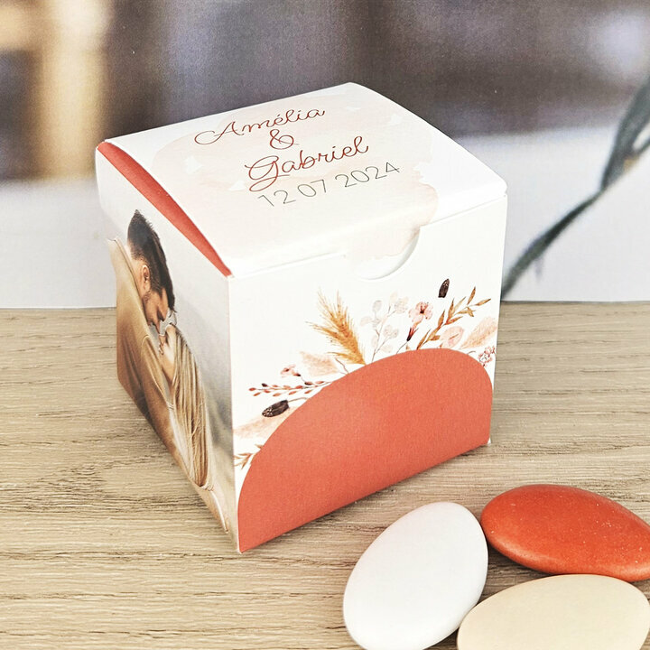 Boite  drages cube ''Bohme terracotta'' personnalise texte et photo