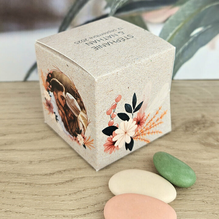 Boite  drages cube grand modle ''Fleurs sches'' personnalise Texte et Photo