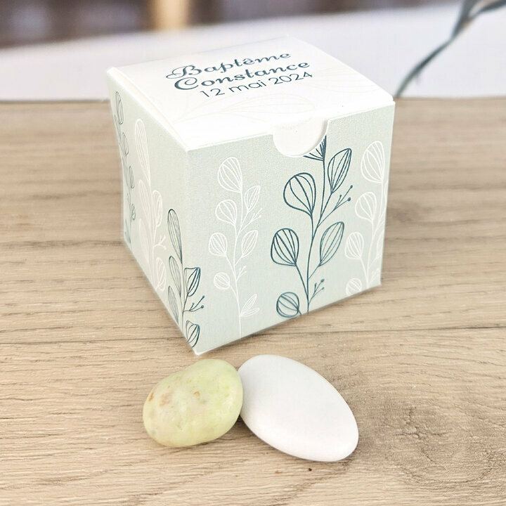 Boite  drages cube Grand Modle ''Eucalyptus'' personnalise Texte