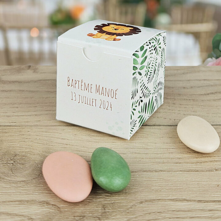 Boite  drages Cube Petit Modle ''Jungle'' personnalise Texte