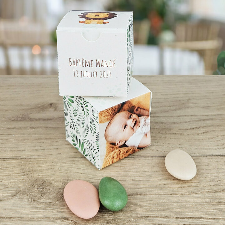 Boite  drages Cube Petit Modle ''Jungle'' personnalise Texte et Photo