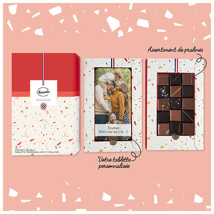 Coffret duo chocolat avec tablette personnalisé Coffret duo chocolat avec tablette personnalisé : Composition du coffret