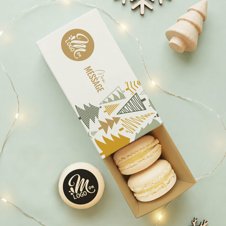 Coffret 4 macarons personnalis�s - Collection No�l Entreprise th�me For�t de Sapins