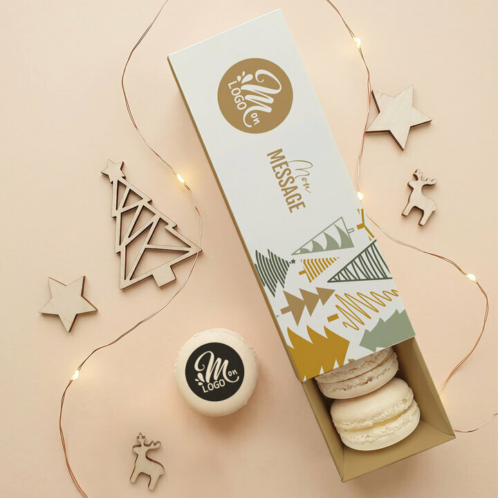 Coffret 6 macarons personnalisés - Collection Noël Entreprise Coffret 6 macarons personnalisés - Collection Noël Entreprise thème Forêt de Sapins