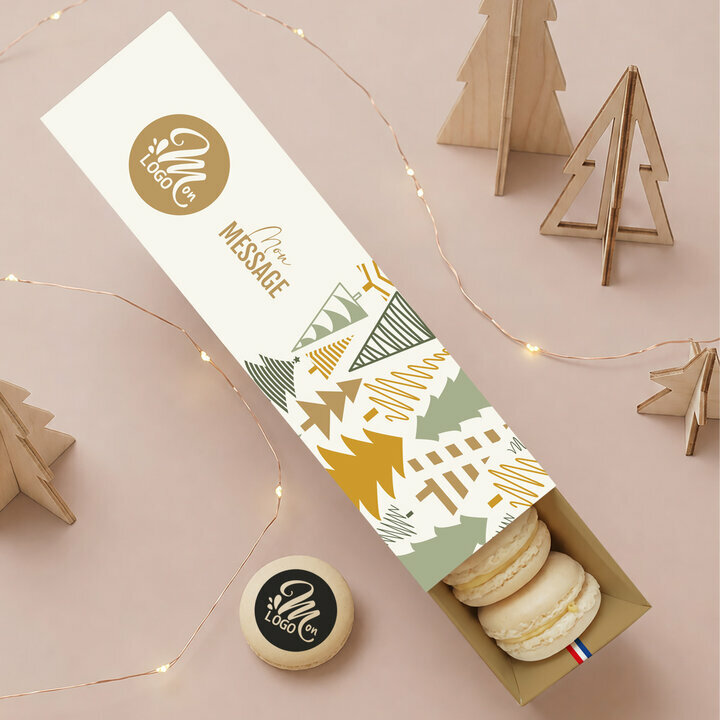 Coffret 8 macarons personnalisés - Collection Noël Entreprise Coffret 8 macarons personnalisés - Collection Noël Entreprise thème Forêt de Sapins
