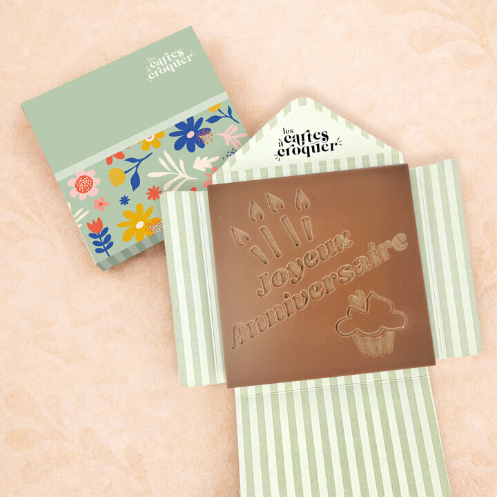 Pr�te � Croquer - Mod�le Joyeux Anniversaire Chocolat Lait Enveloppe Mod�le Fleurs
