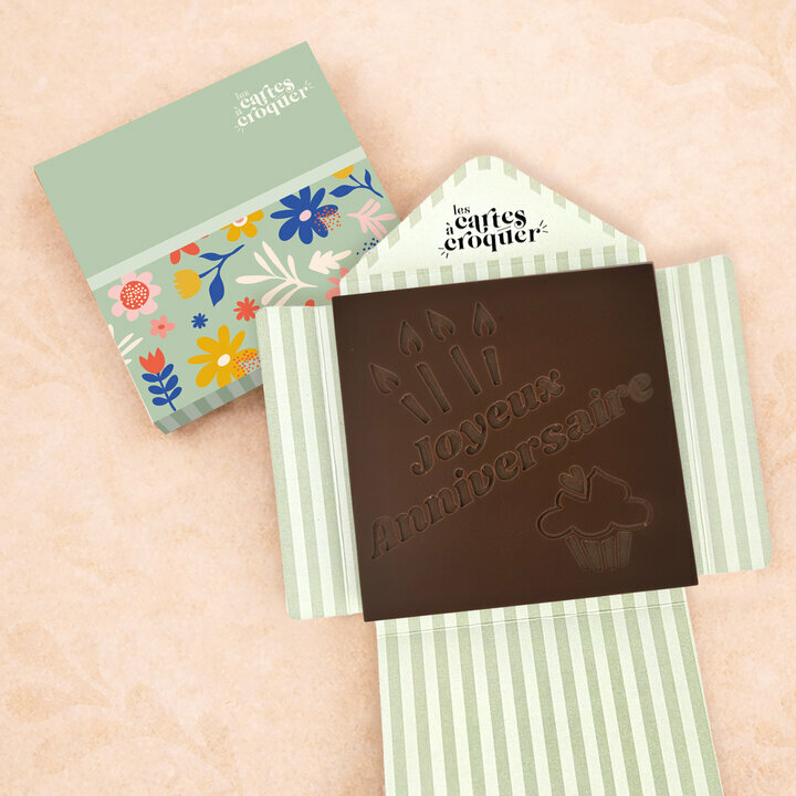 Pr�te � Croquer - Mod�le Joyeux Anniversaire Chocolat Noir Enveloppe Mod�le Fleurs