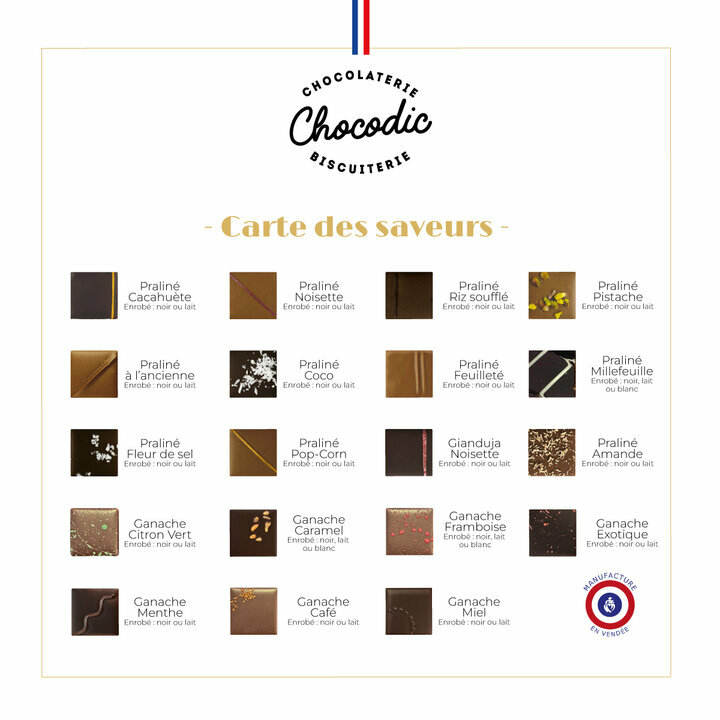 Coffret Empreinte Gourmande - Collection Fête des Mères et des Grands-Mères Coffret Empreinte Gourmande - Collection Fête des Mères : Carte des saveurs des chocolats fins ganaches et pralinés